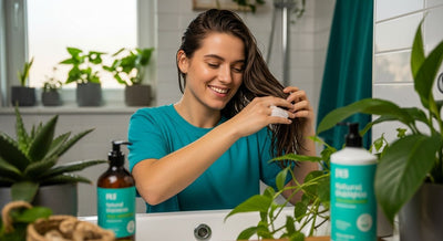 Femme appliquant un shampoing vegan naturel sur ses cheveux dans une salle de bain écologique