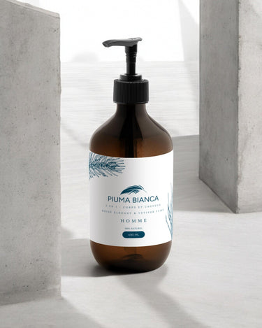 Gel Douche & Shampoing 2 en 1 - Boisé Élégant & Vétiver Fumé - Piuma Bianca - Gel Douche & Shampoing 2 en 1 - Boisé Élégant & Vétiver Fumé - 